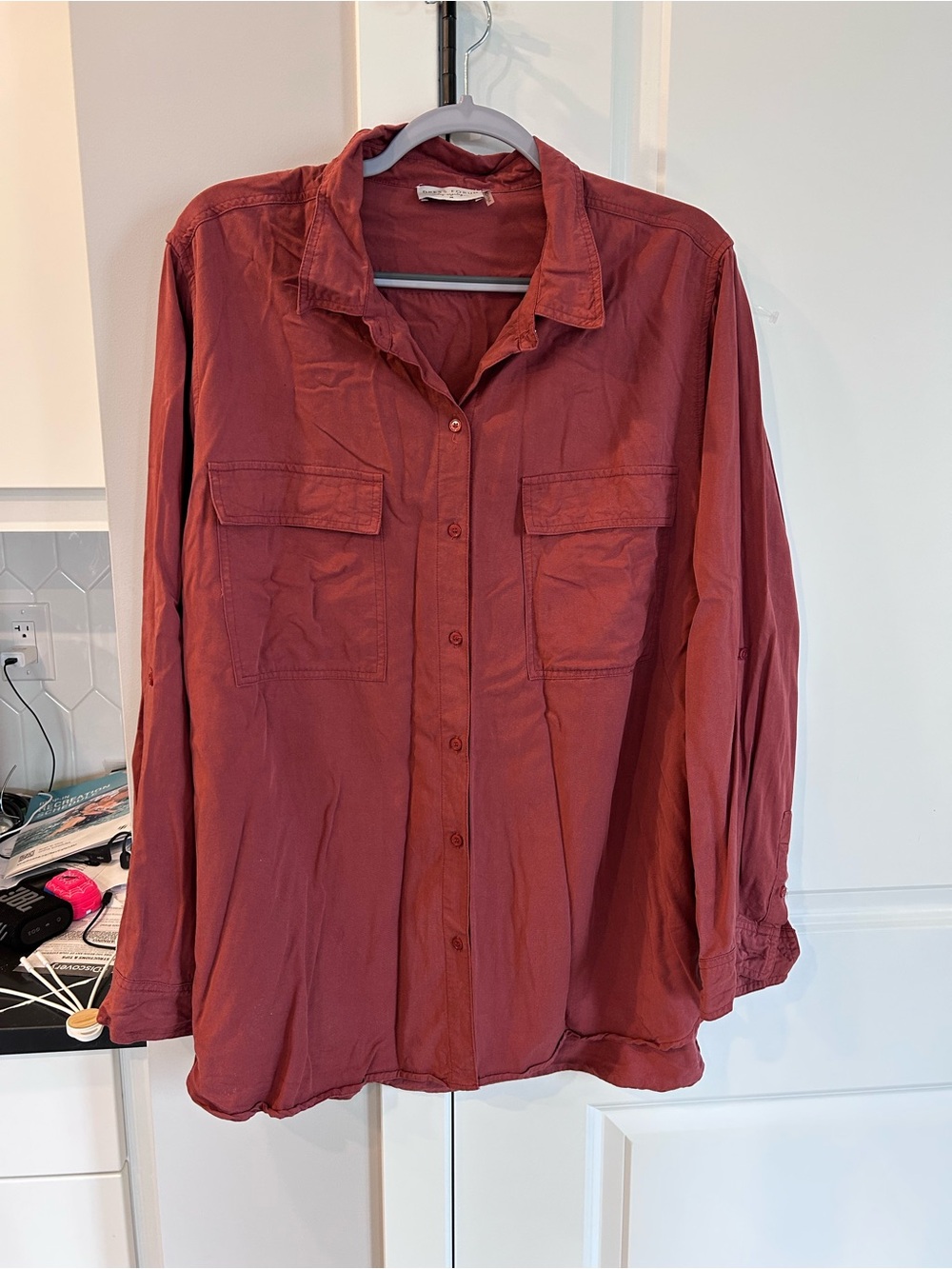 Dress Forum LA Chambray Tunic Blouse Rust Oversized Button Down Long Sleeve Top